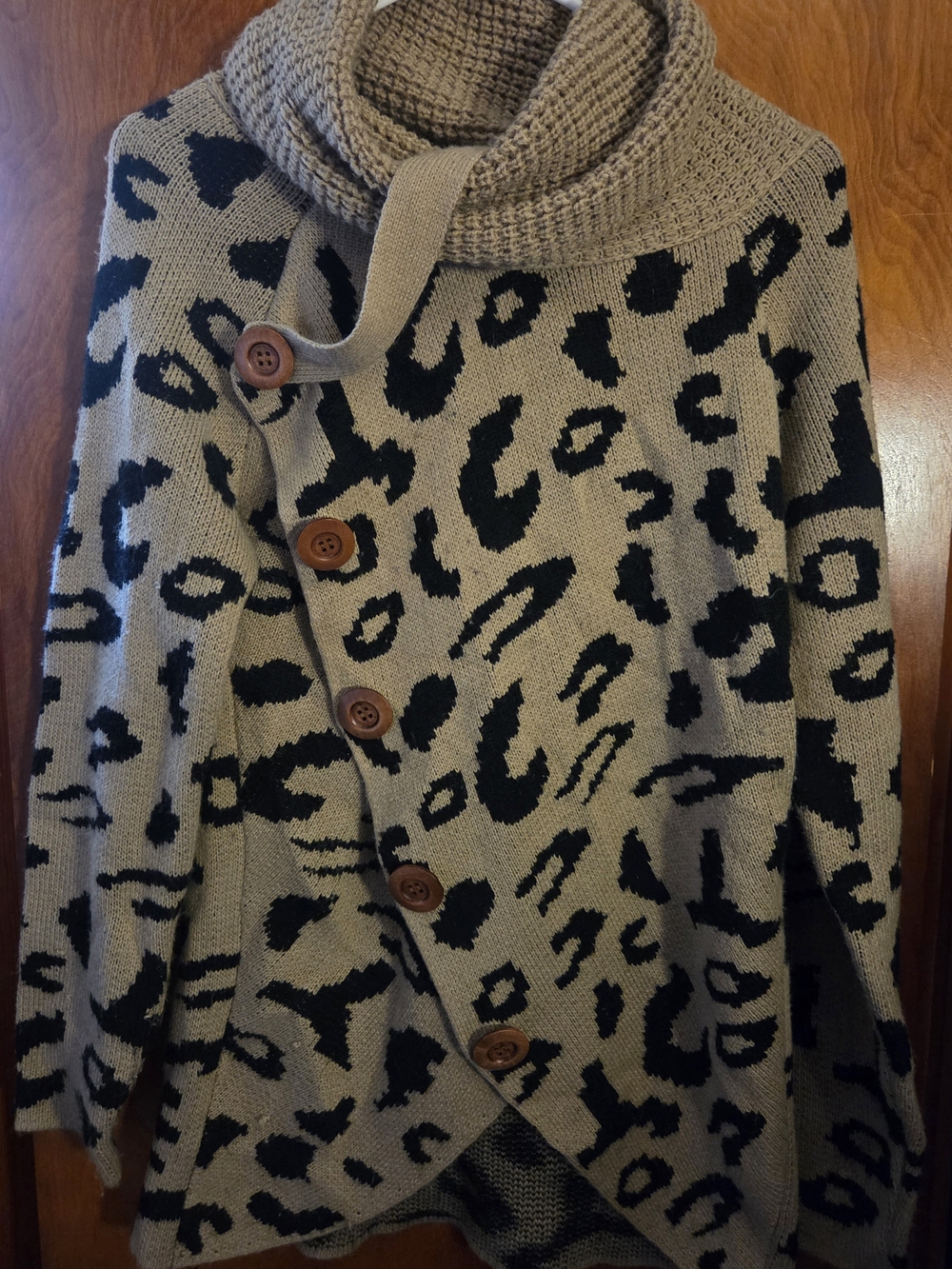Cowl Neck Leopard Print Poncho Inspired Sweater - Taupe/Black